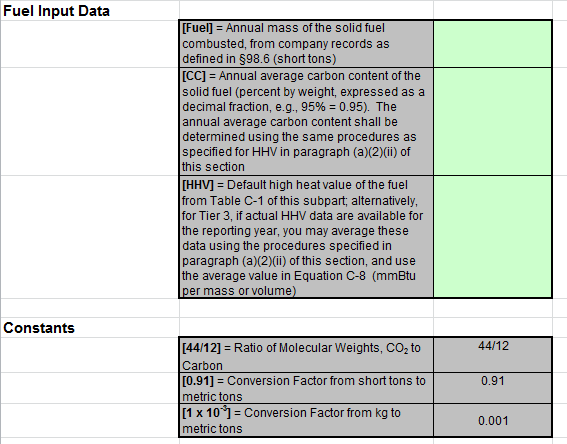 C-3, C-8 Fuel Input Spreadsheet Data Entry into the Green Cells